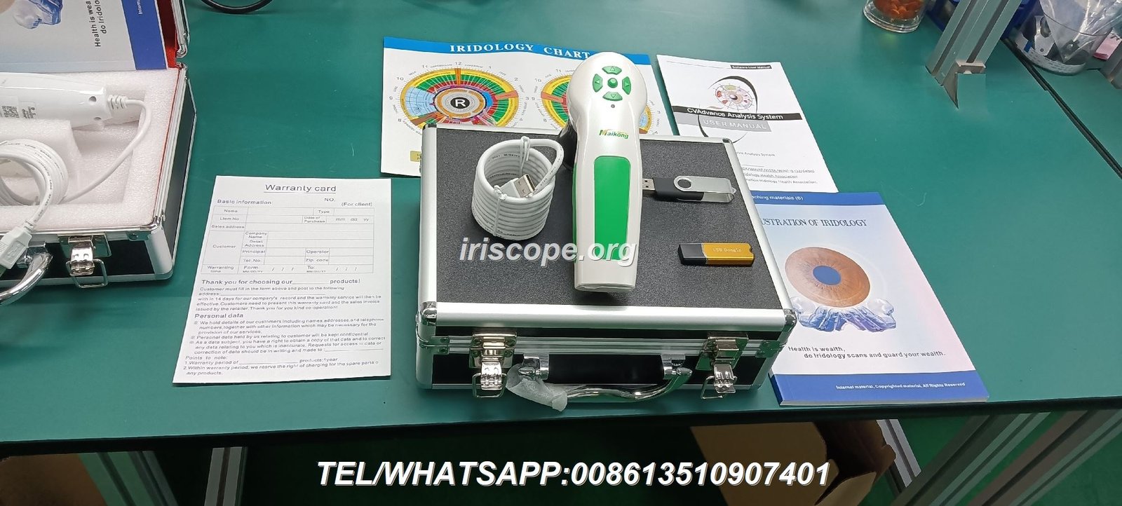 Exposición de almacén MAIKONG con iriscope e iriscopio profesional organizados en estanterías modernas