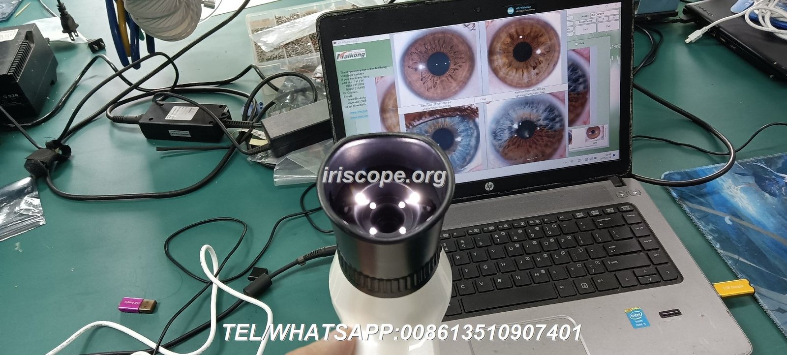 Exposición de almacén MAIKONG con iriscope e iriscopio profesional organizados en estanterías modernas