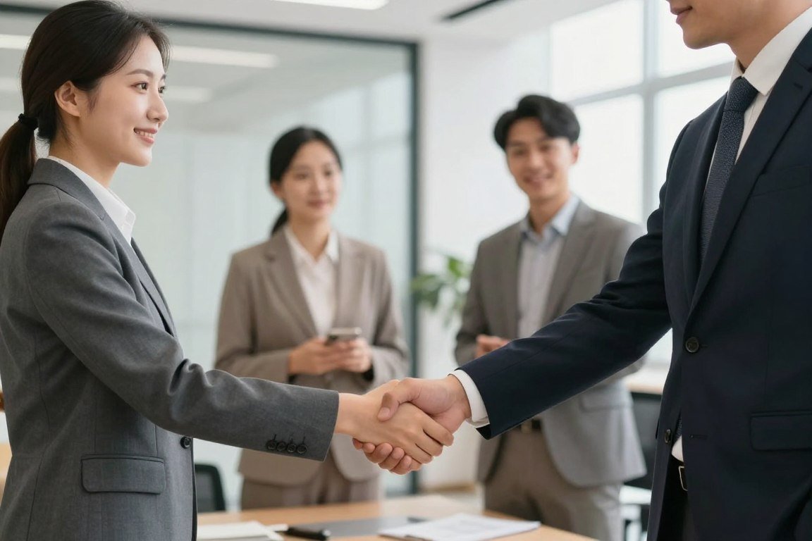Apretón de manos entre representante MAIKONG y nuevo distribuidor simbolizando asociación de negocios exitosa