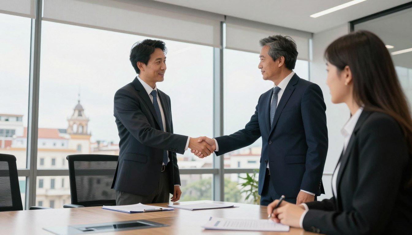 Apretón de manos simbolizando asociación comercial MAIKONG con distribuidor español