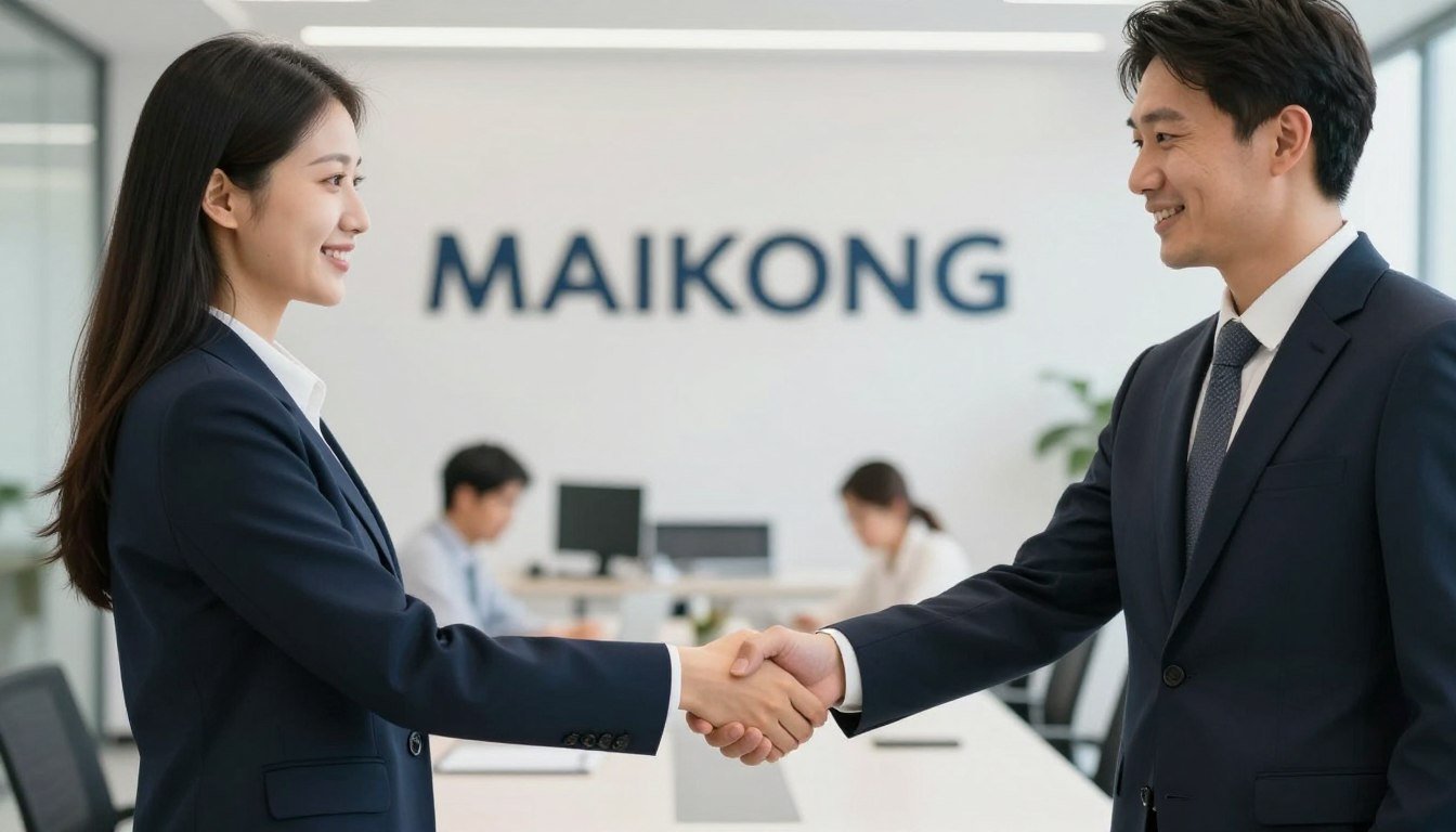 Apretón de manos simbolizando partnership exitoso con MAIKONG para distribución de iriscopio