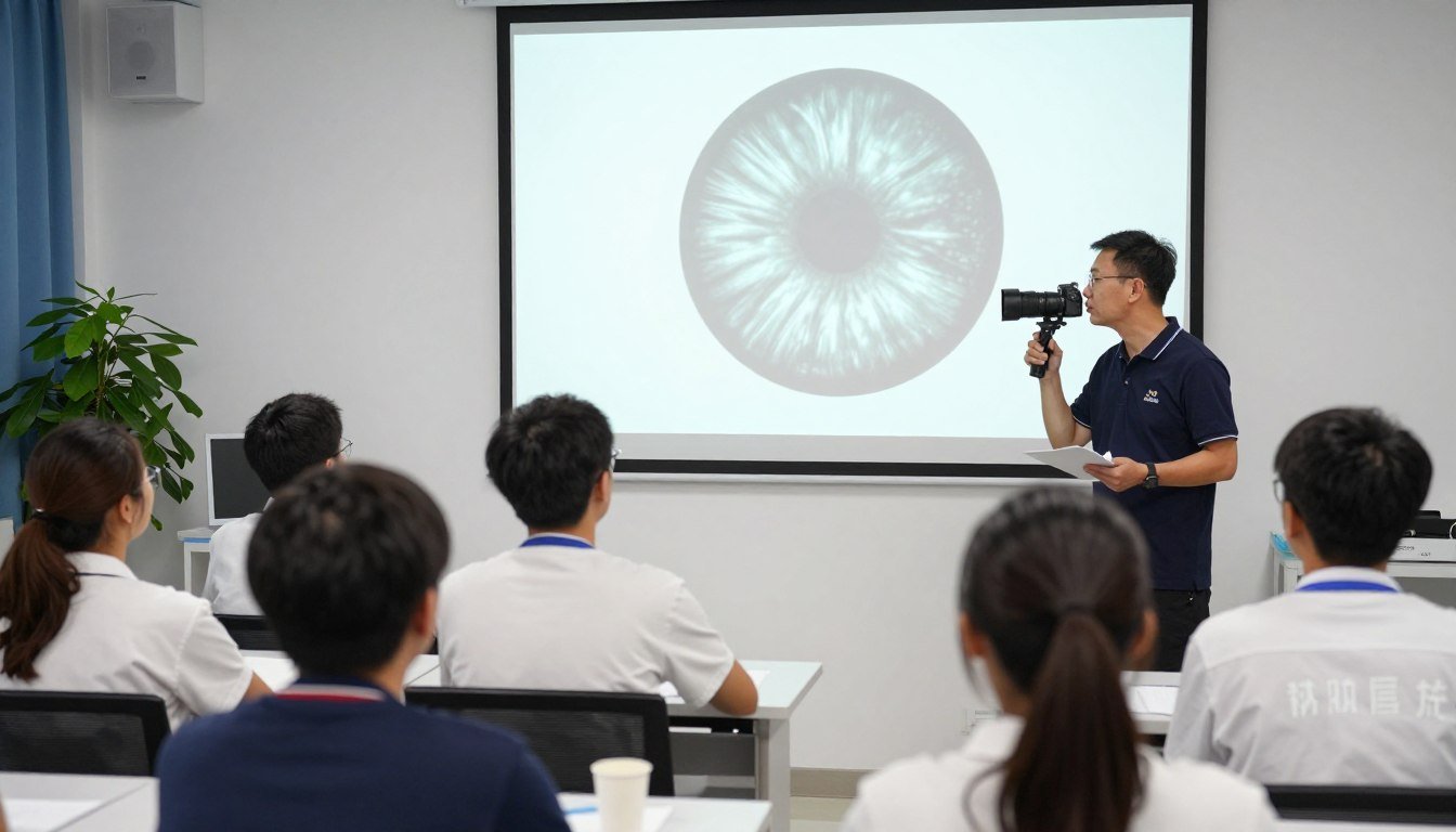 Aula de formación en iridología con estudiantes y iriscopio profesional