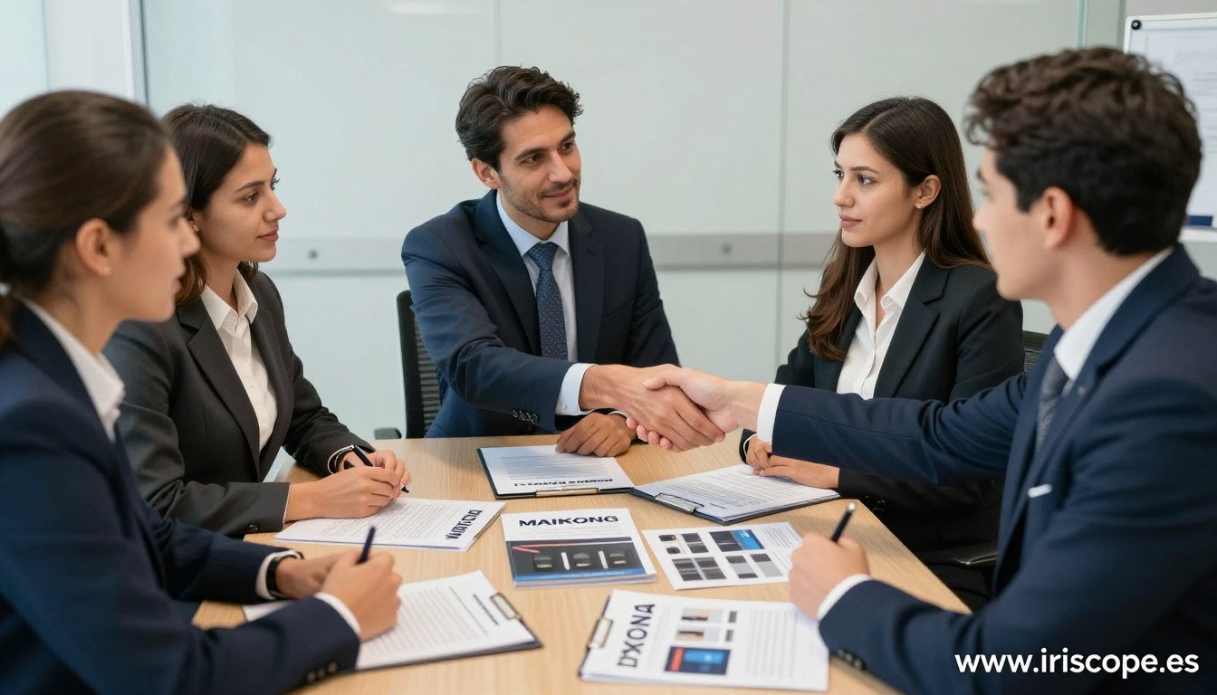 Business meeting discussing MAIKONG distributorship opportunities in Spain