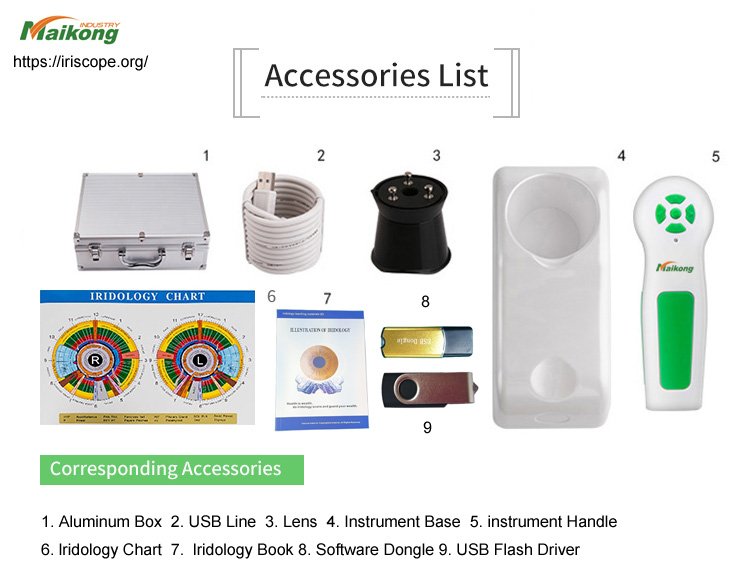Contenido completo del paquete del iriscopio MAIKONG con todos los accesorios