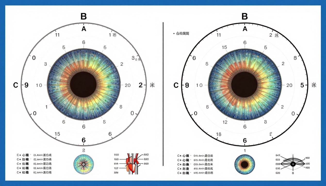 Comparación lado a lado de cartas iridológicas de ojo derecho e izquierdo con zonas de órganos