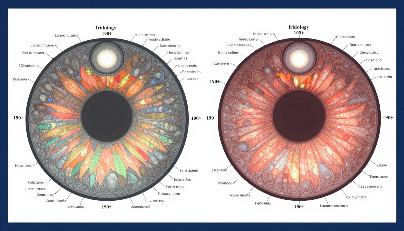 Detailed iridology chart showing 190+ organ zones and body systems