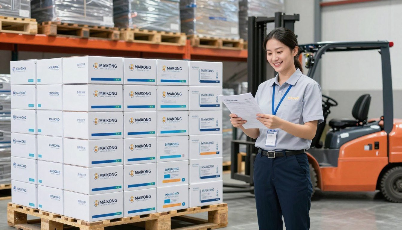 Distribuidor satisfecho recibiendo envío de productos MAIKONG en su almacén