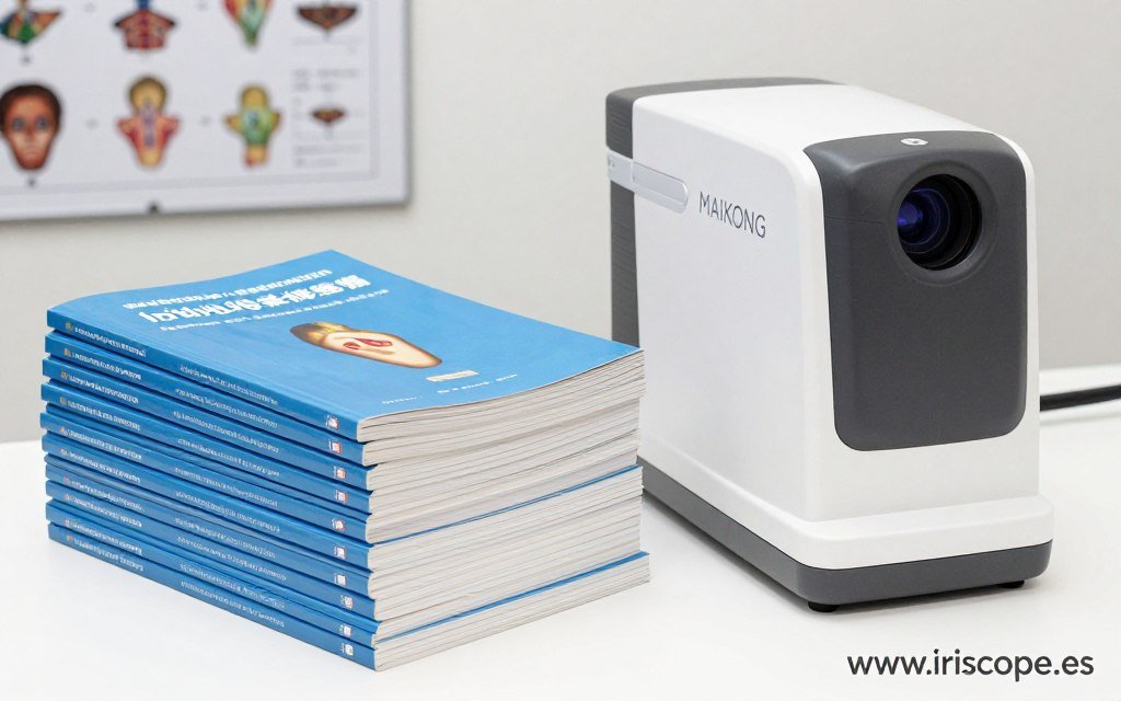Educational materials for iridology including books and training resources displayed with MAIKONG camera
