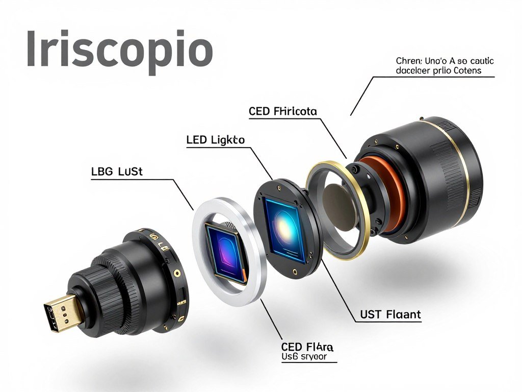 Especificaciones técnicas detalladas del iriscopio MAIKONG mostrando componentes internos