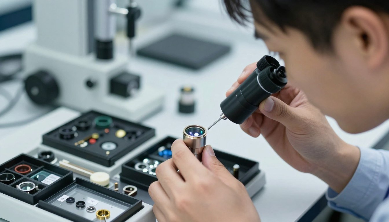 Inspección de componentes ópticos para iriscopio en laboratorio MAIKONG