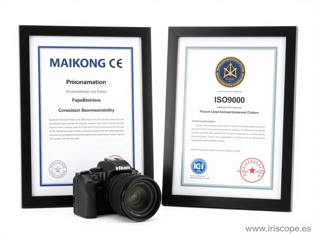 MAIKONG CE and ISO9000 certificates displayed with irislab camera