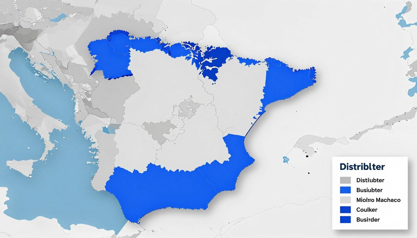 Mapa de España mostrando territorios disponibles para distribución de iridology camera MAIKONG