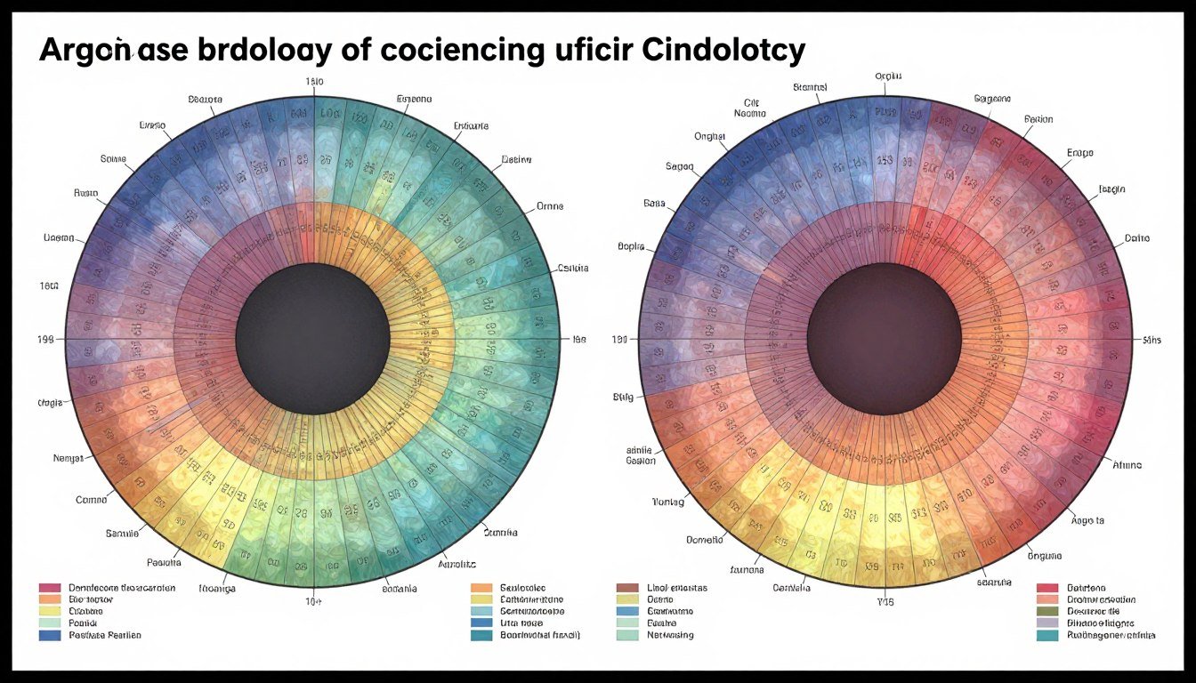 Mapa de iridología detallado mostrando 190 zonas de órganos en iris izquierdo y derecho