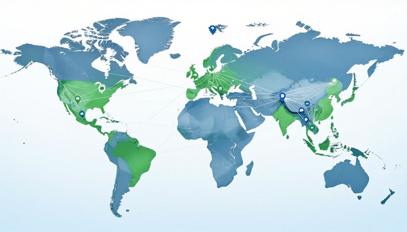 Mapa mundial mostrando red de distribución global de MAIKONG con ubicaciones de socios Mapa mundial mostrando red de distribución global de MAIKONG con ubicaciones de socios