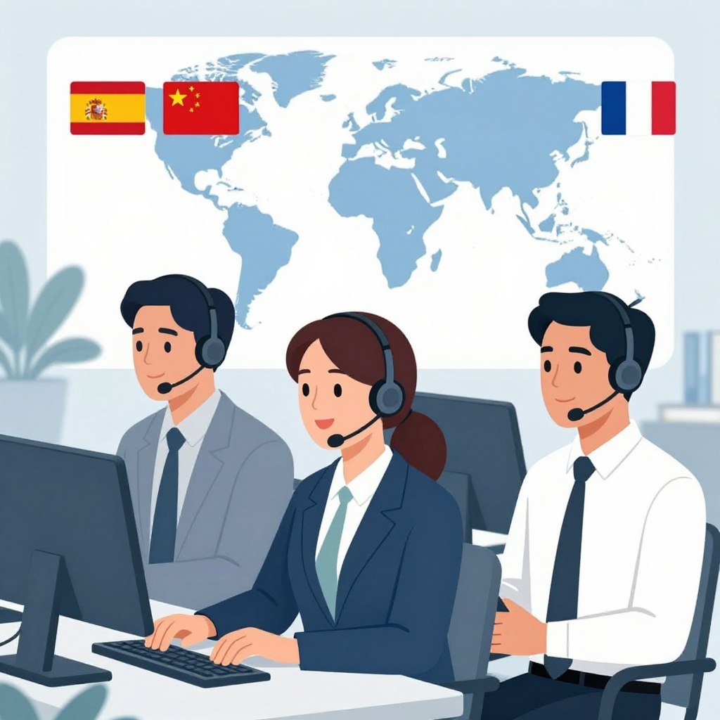 Multilingual technical support team illustration