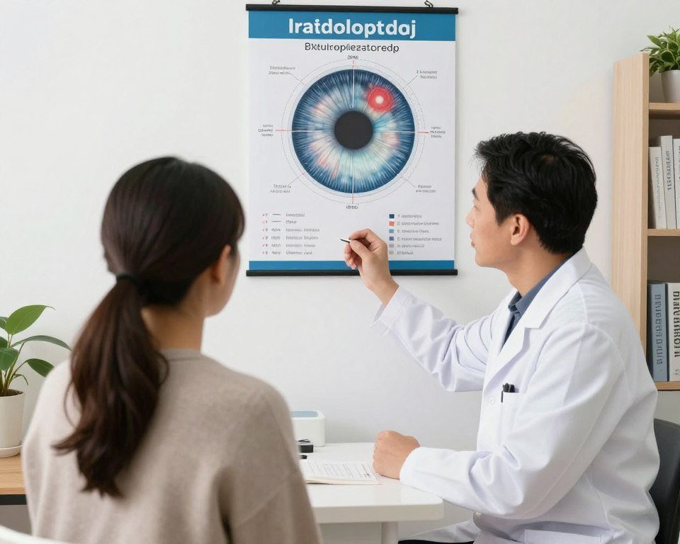 Naturópata explicando análisis de iridologia mapa a paciente