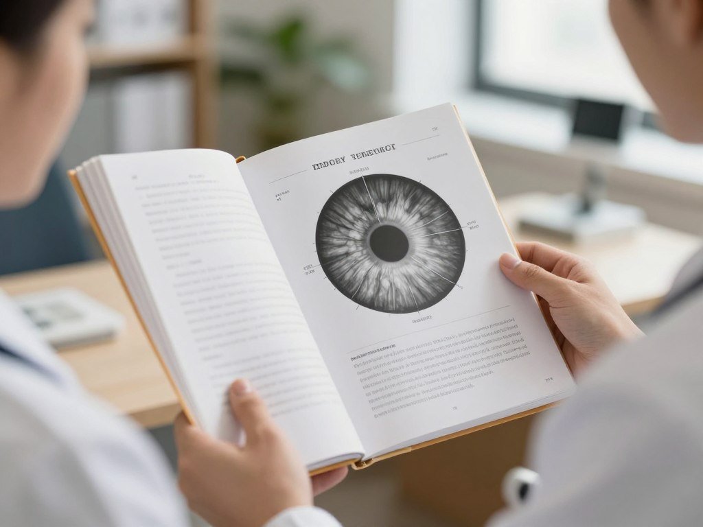 Profesional de salud estudiando libro de iridología con mapa iridológico detallado