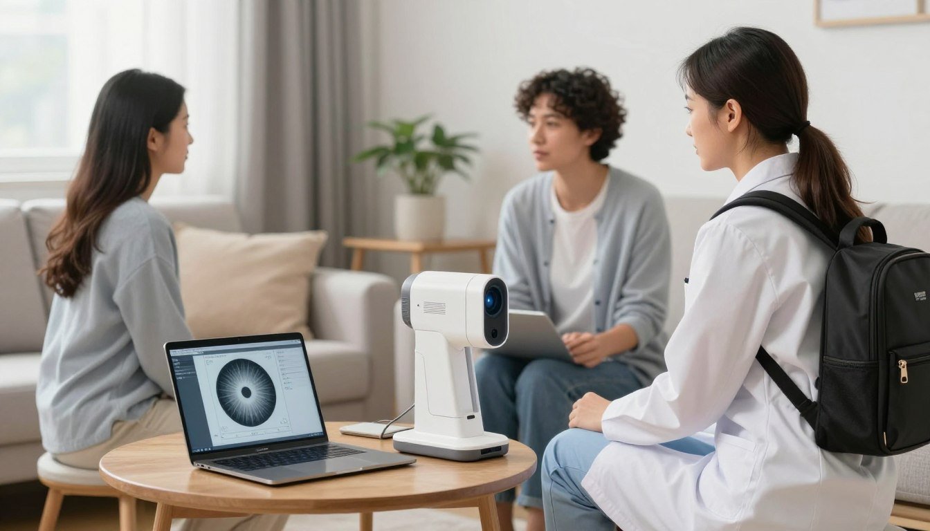 Profesional de salud usando wifi iridology camera en consulta domiciliaria