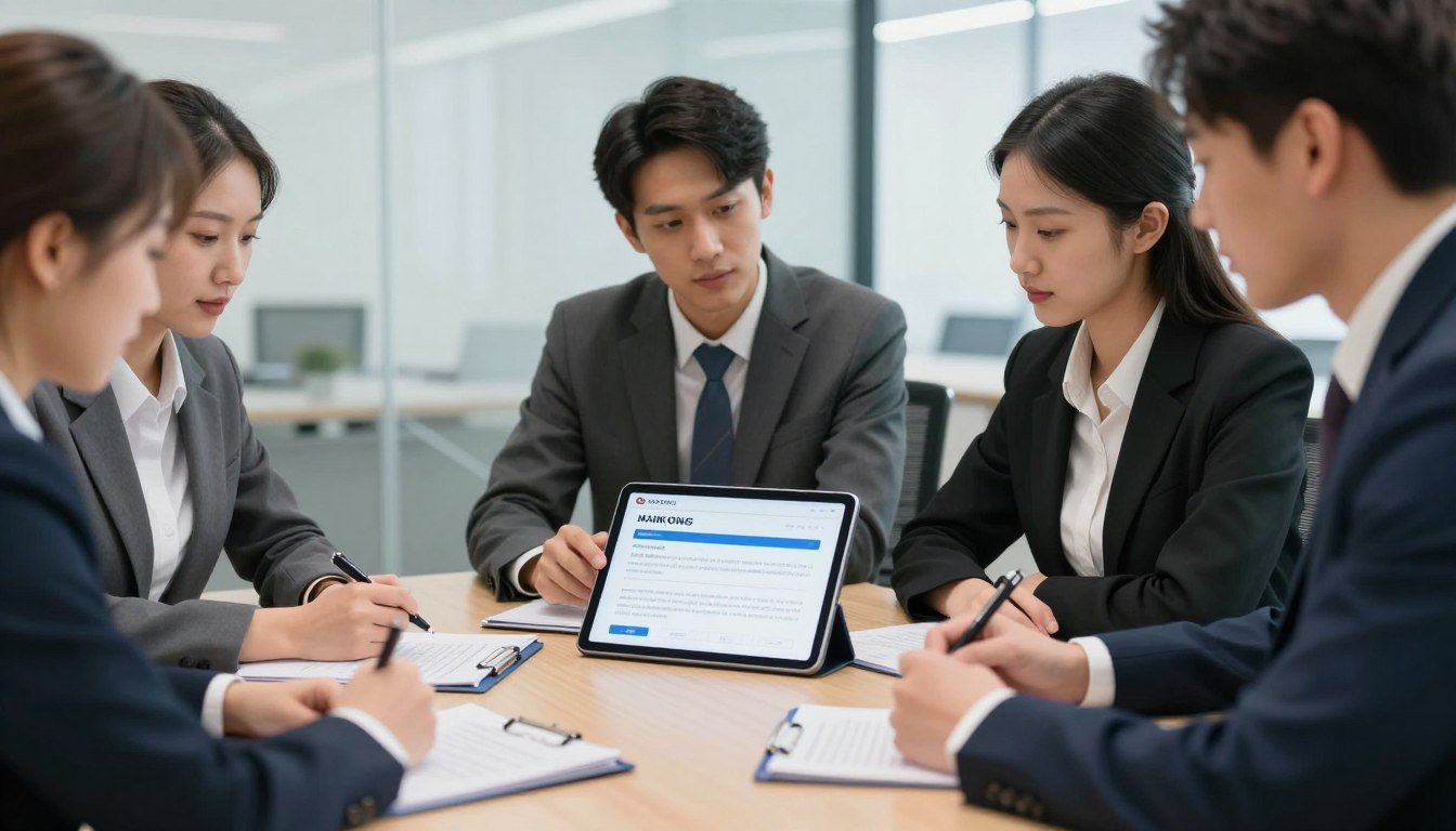 Profesionales revisando propuesta de distribución MAIKONG en tableta digital