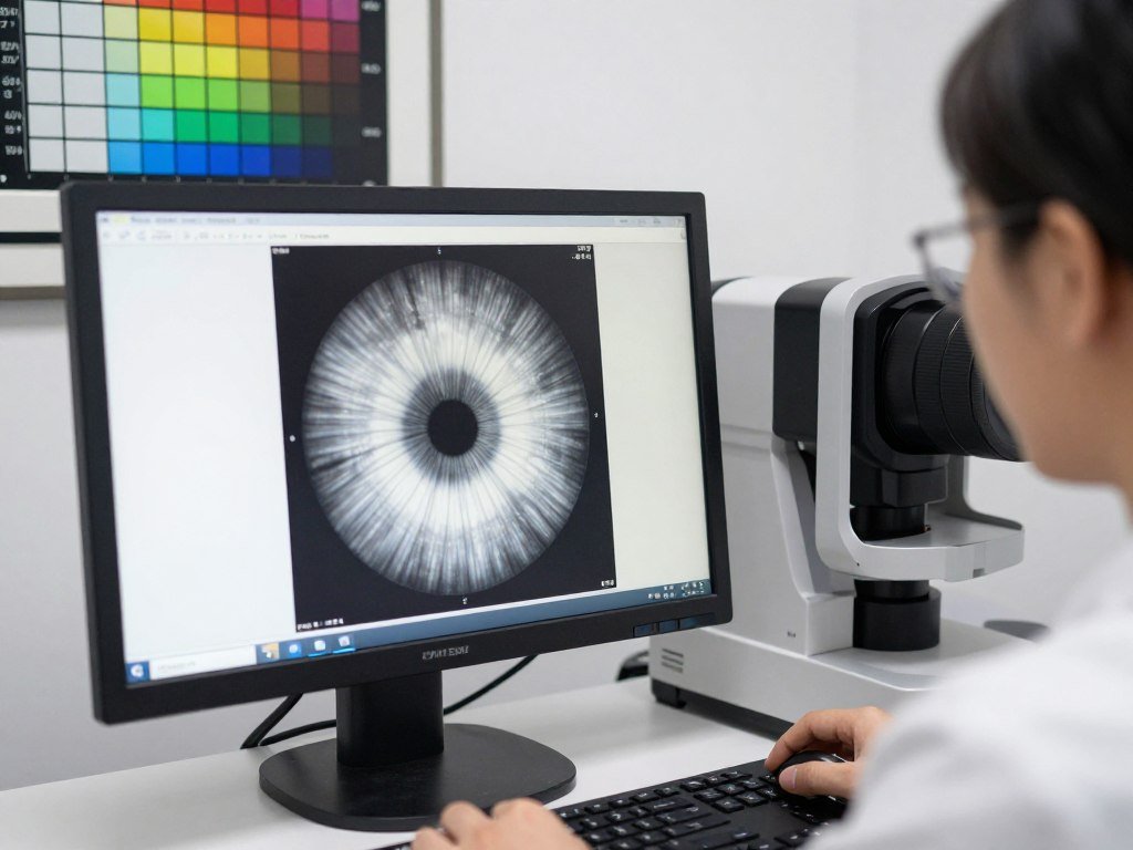 Prueba de calidad de imagen en iriscopio mostrando resolución de 12 megapíxeles