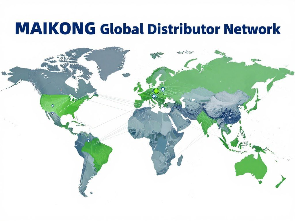 Red global de distribuidores MAIKONG representada en mapa mundial con marcadores de ubicación
