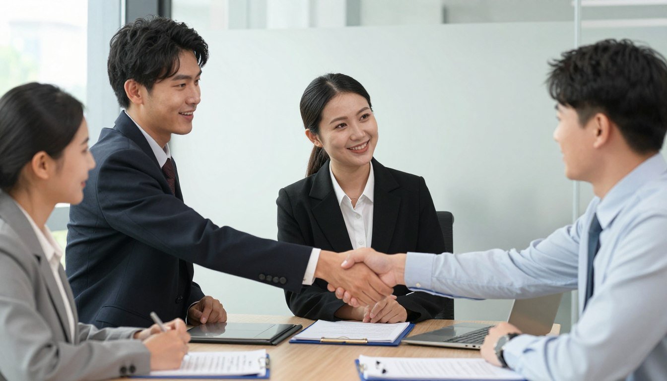 Reunión de negocios entre distribuidor y fabricante MAIKONG discutiendo condiciones comerciales