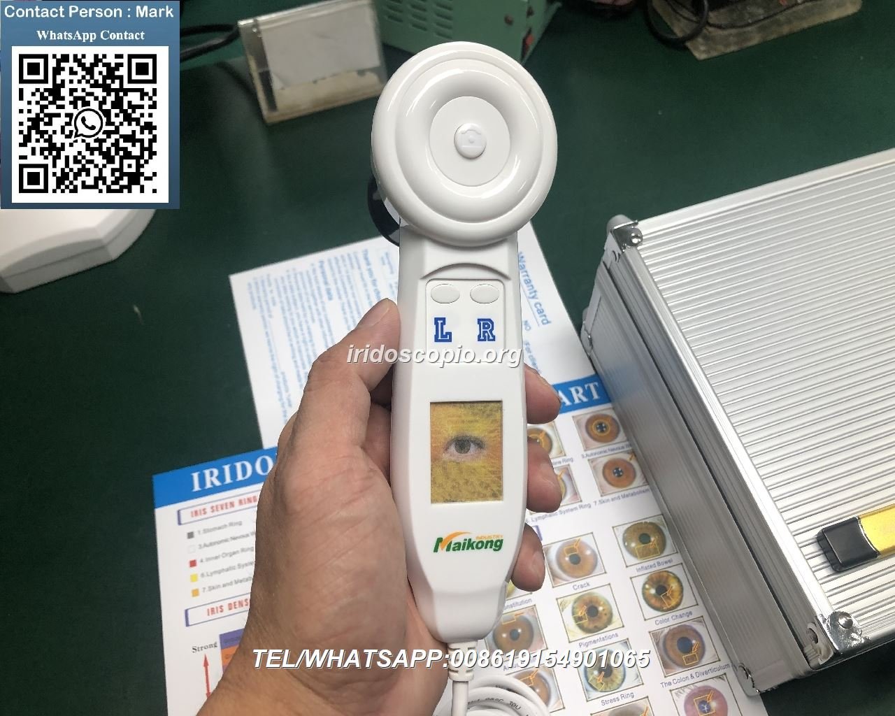 Equipo iriscopio MAIKONG mostrando características de calidad profesional y tecnología avanzada
