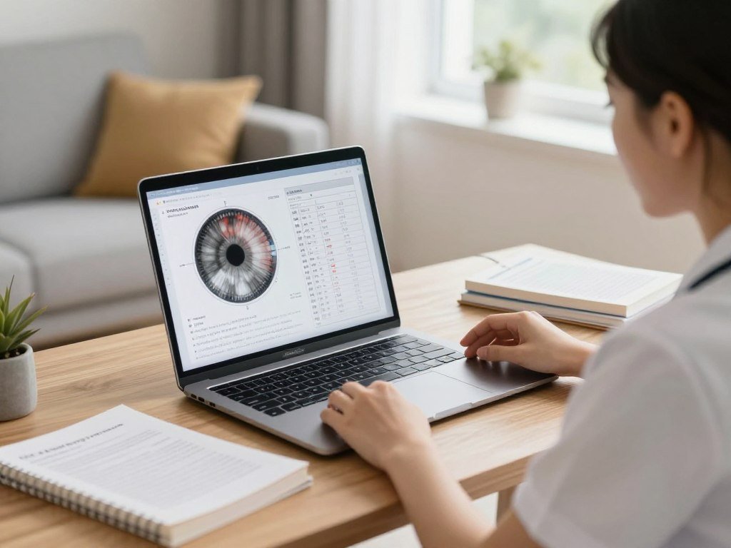 Student learning iridology through online course on laptop with iris chart visible