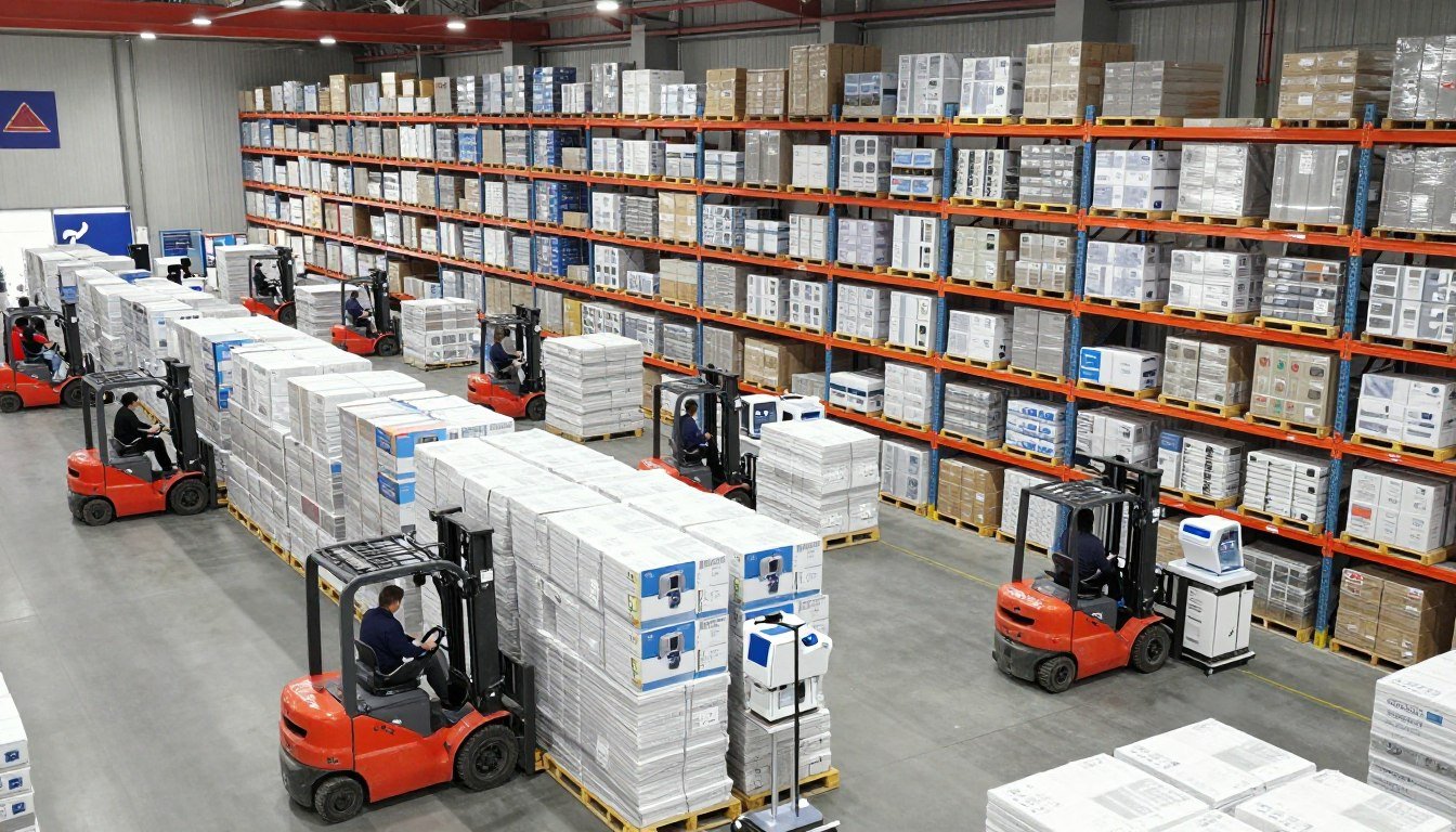 Visión panorámica del almacén MAIKONG con productos listos para envío global