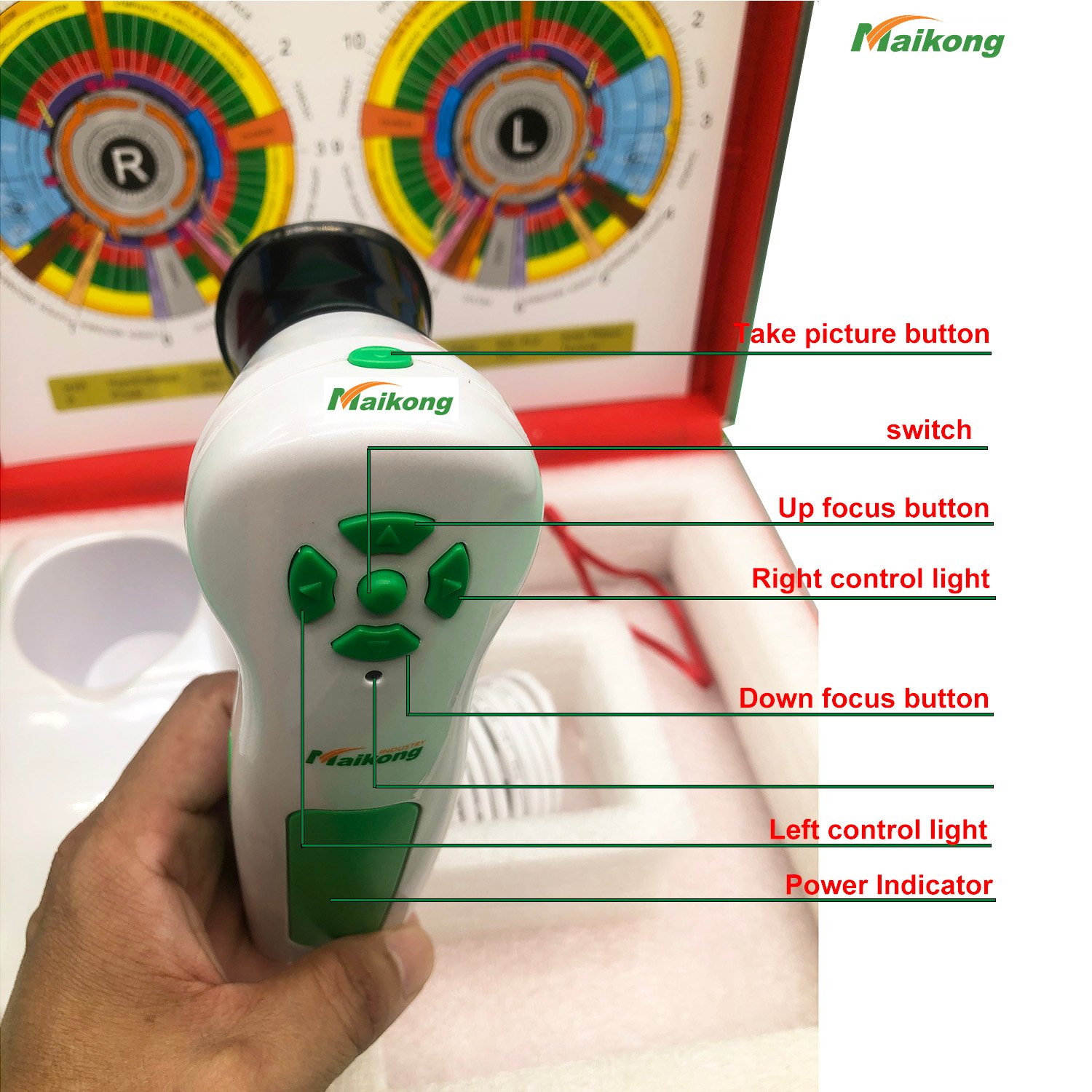 Contenido completo del paquete de iriscopio MAIKONG con accesorios