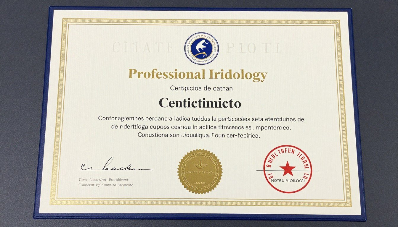 Certificado profesional de iridología con sellos oficiales de institución reconocida