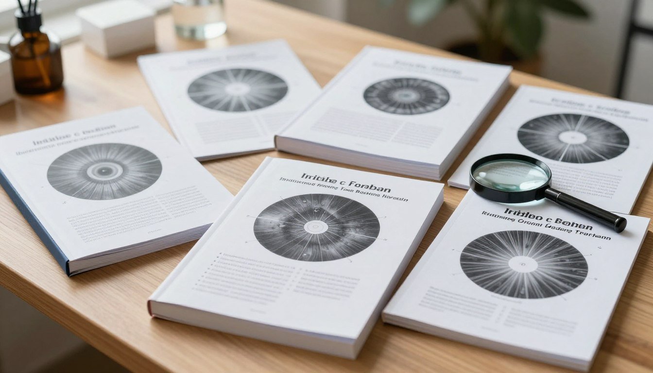 Colección completa de libros de iridología profesional sobre mesa de trabajo con lupa y gráficos de iris