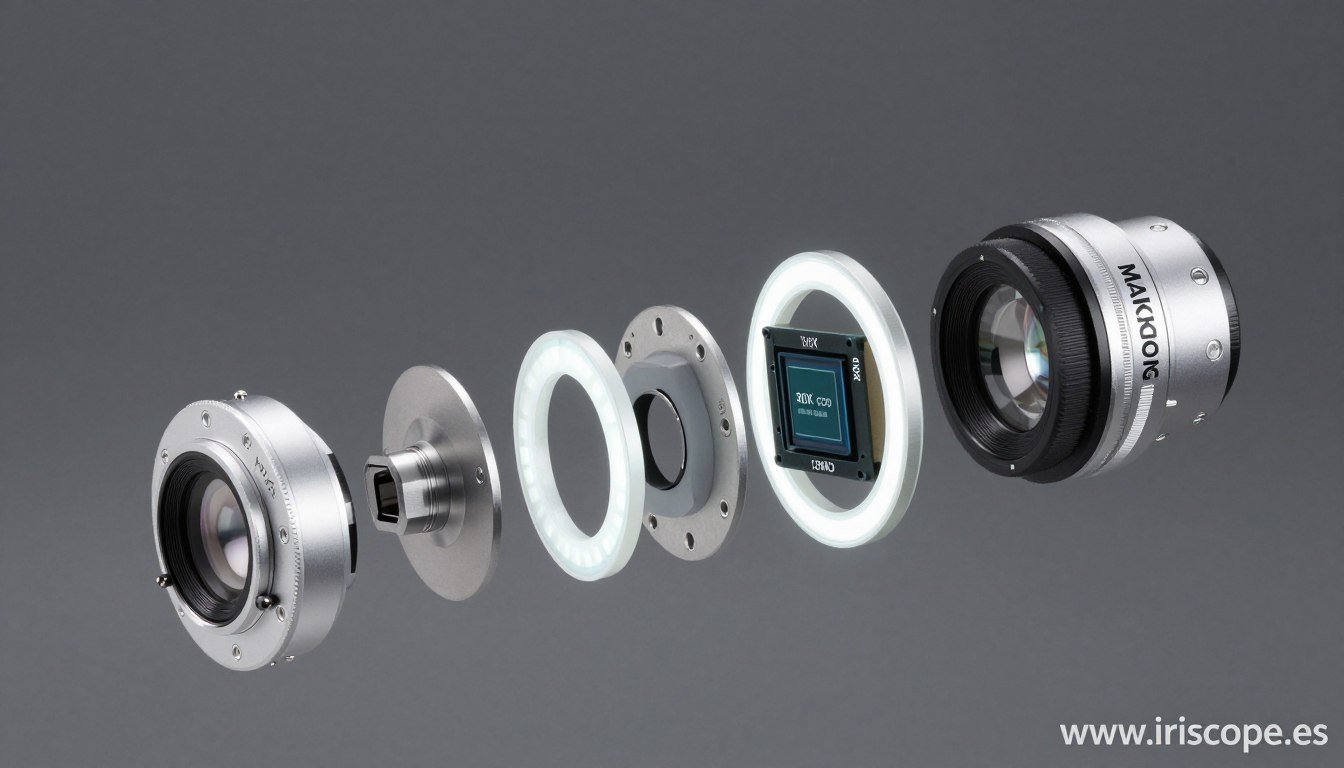 Componentes del iriscopio MAIKONG mostrando lente 30X, sensor CCD y sistema de iluminación LED