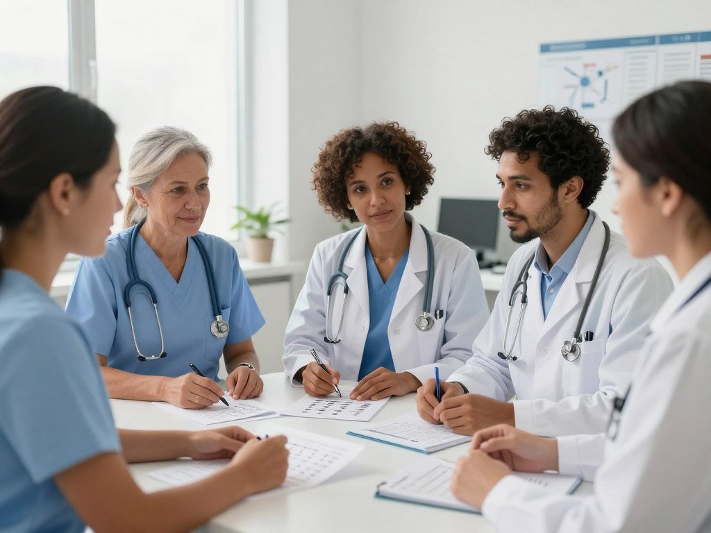 Diversos profesionales de salud utilizando mapas iridologicos