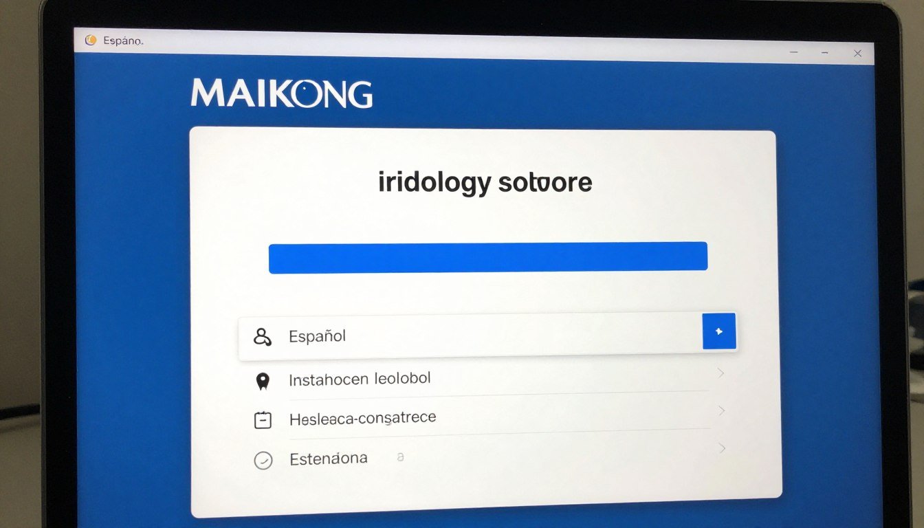 Pantalla de instalación del software iridología MAIKONG mostrando proceso de configuración inicial con opciones en español