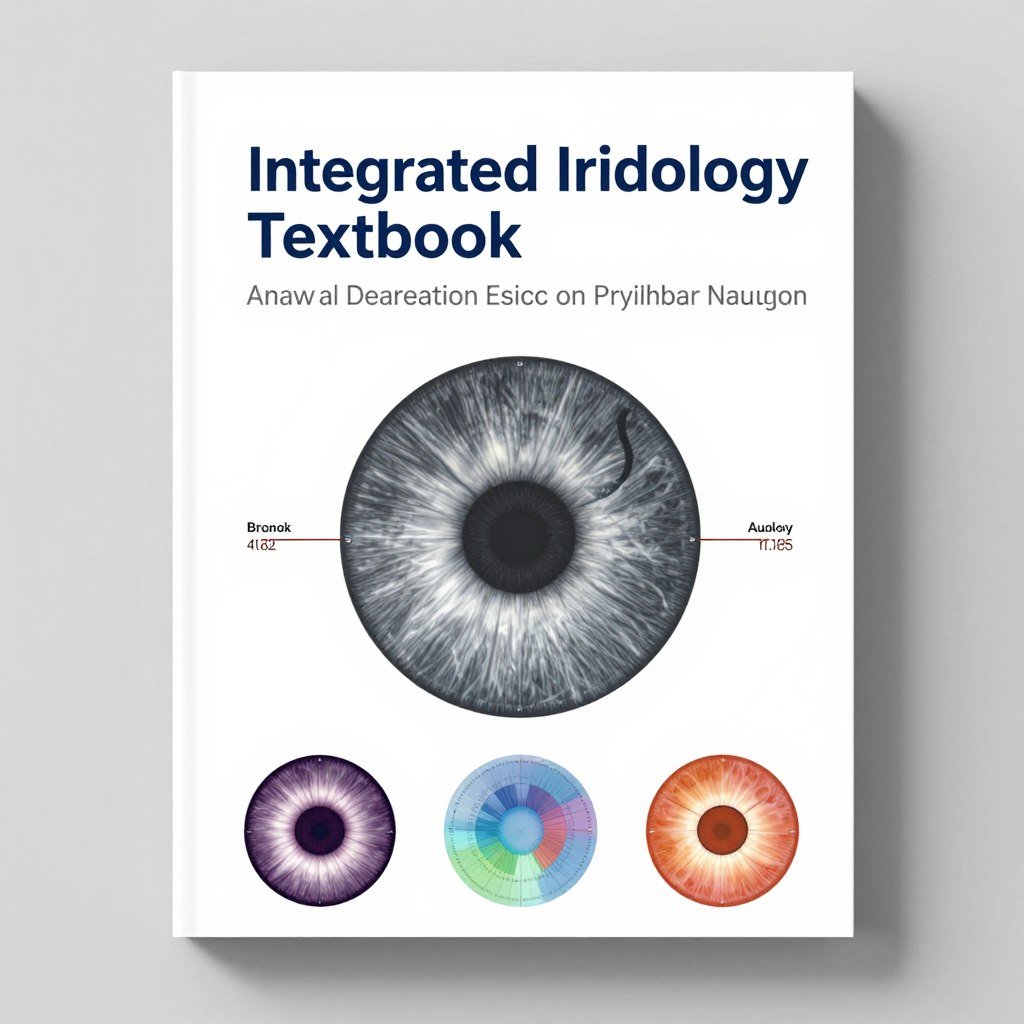 Portada Integrated Iridology Textbook con gráficos modernos de análisis iris