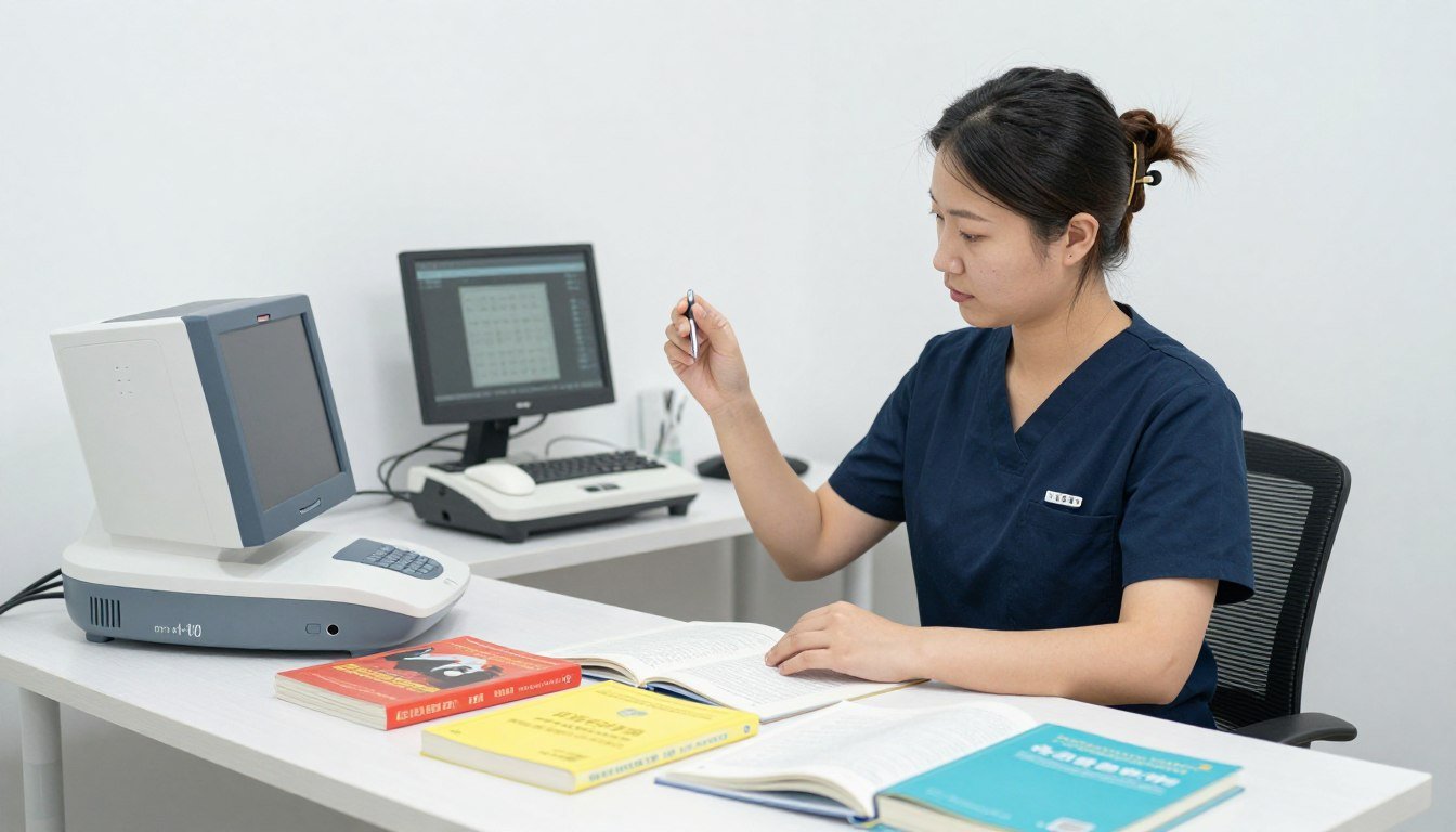 Profesional de iridología trabajando con libros y equipamiento moderno integrados