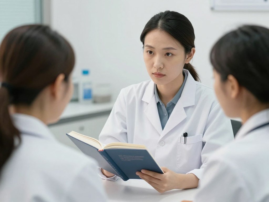 Profesional de salud consultando libro de iridología mientras examina mapa de iris