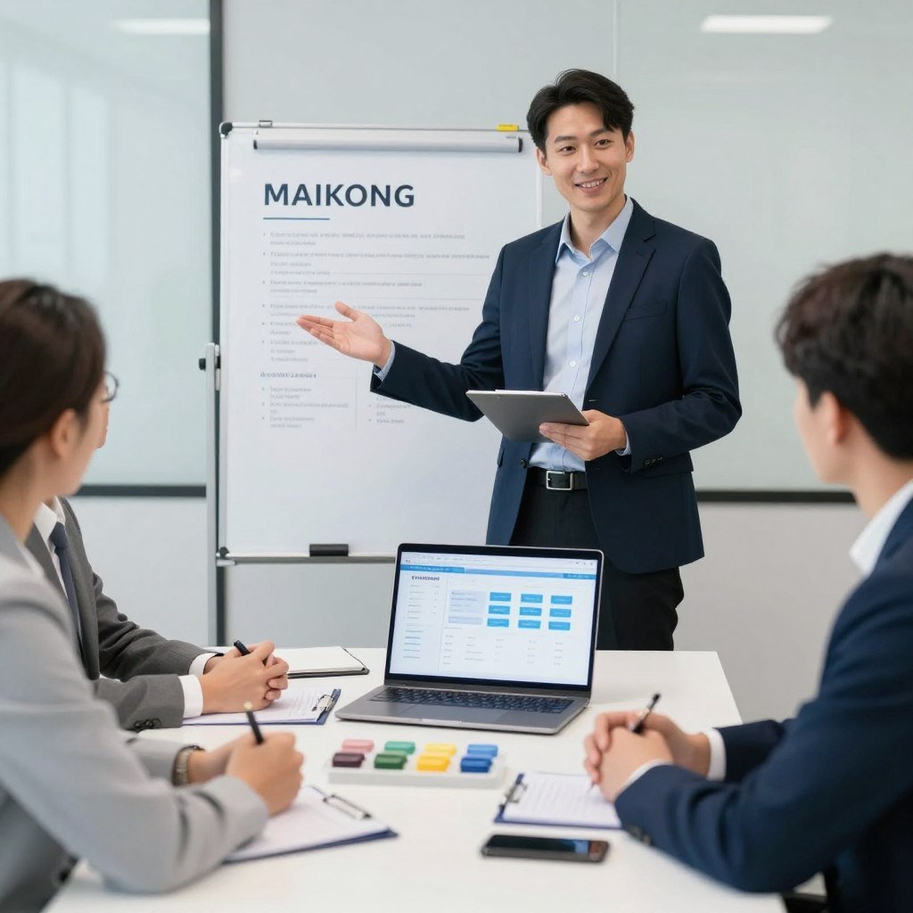 Profesional de ventas presentando productos MAIKONG a cliente potencial