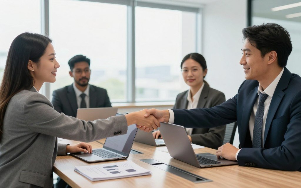 Reunión de negocios entre representantes de MAIKONG y distribuidores potenciales discutiendo acuerdo comercial