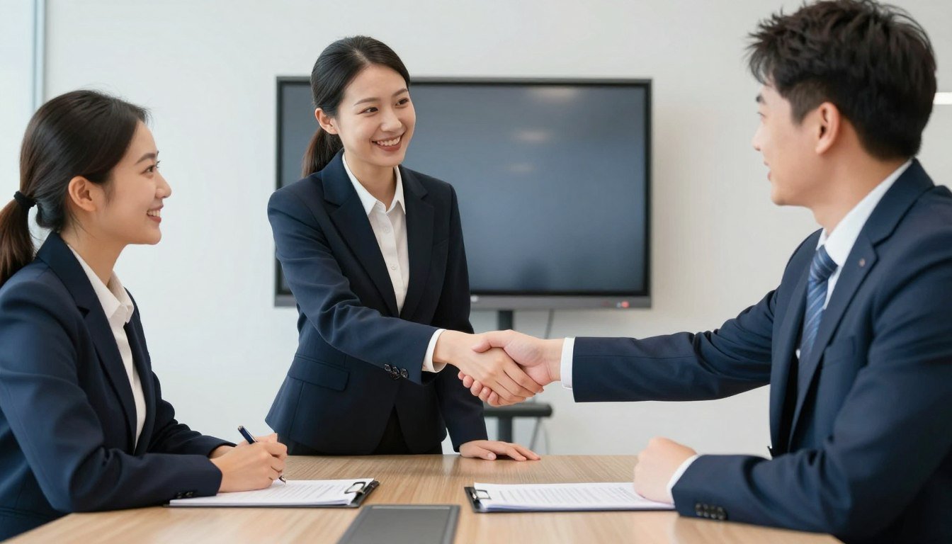 Reunión negocios distribuidores MAIKONG apretón manos acuerdo