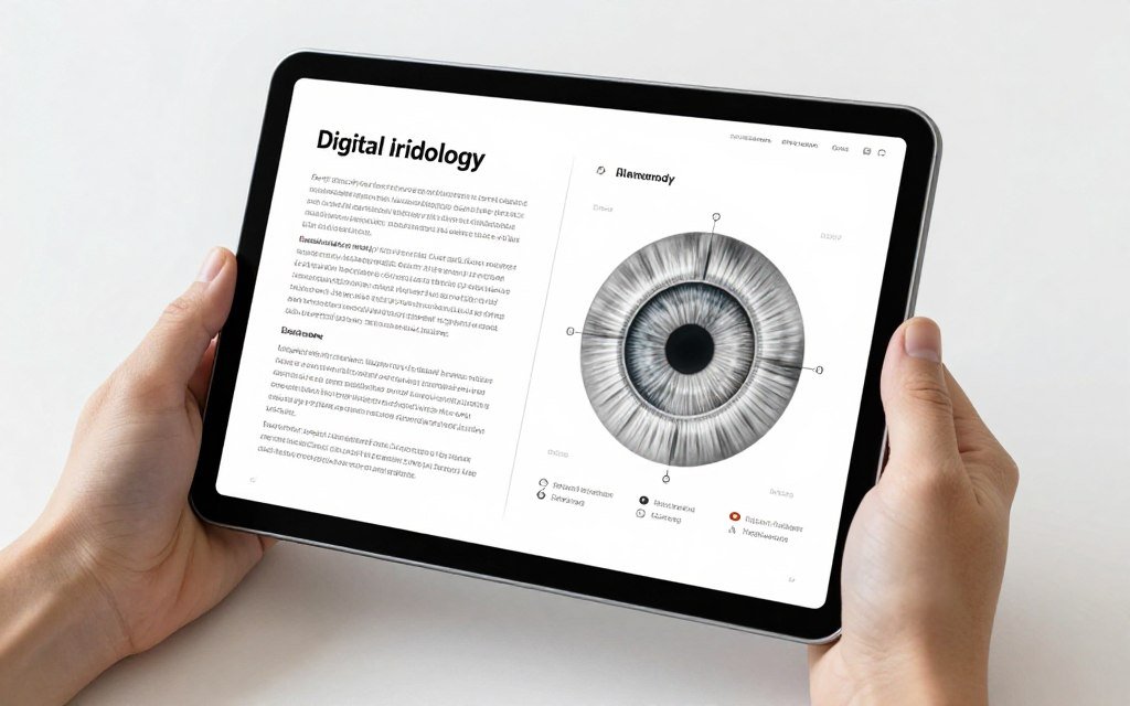 Tablet mostrando libro digital de iridología con ilustraciones interactivas del iris