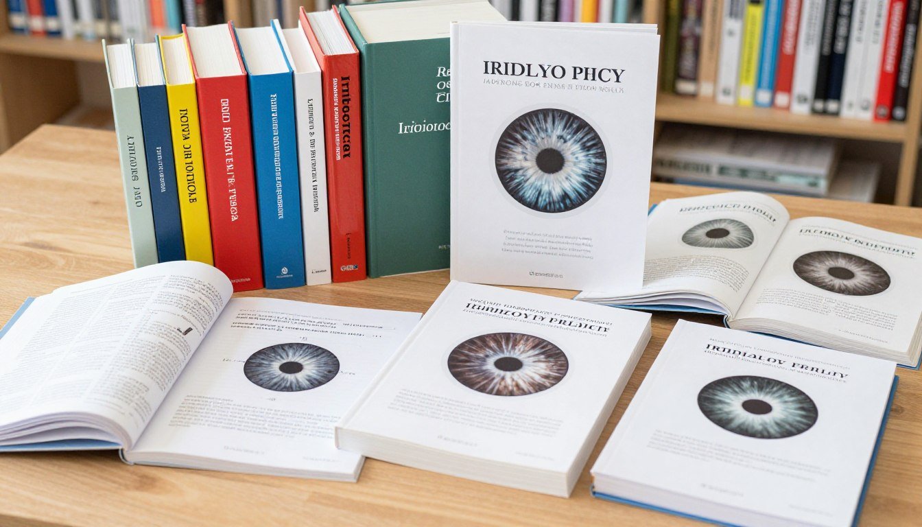 colección de libros especializados en iridología sobre escritorio