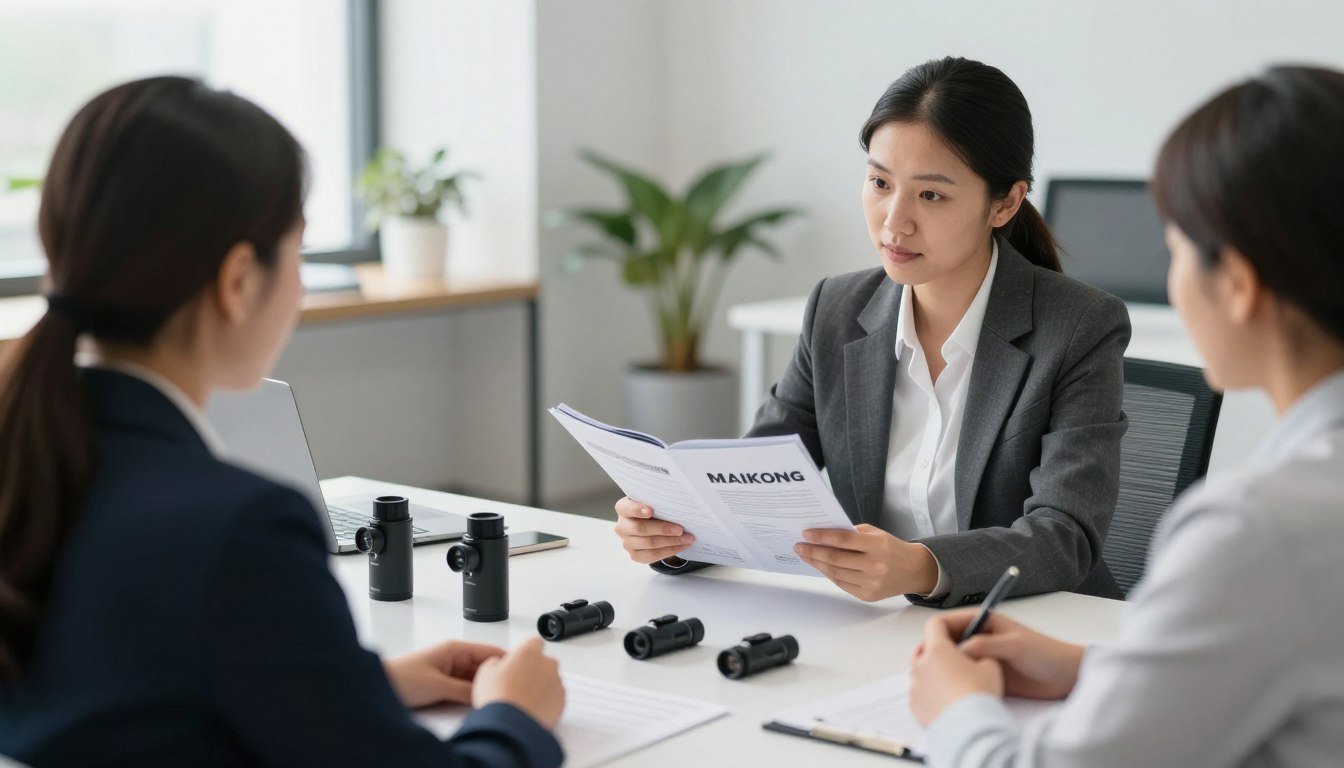 empresario revisando catálogo de productos maikong con muestras de equipos de iridología