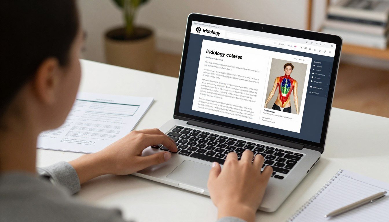 estudiante de iridología tomando curso online en ordenador con material educativo