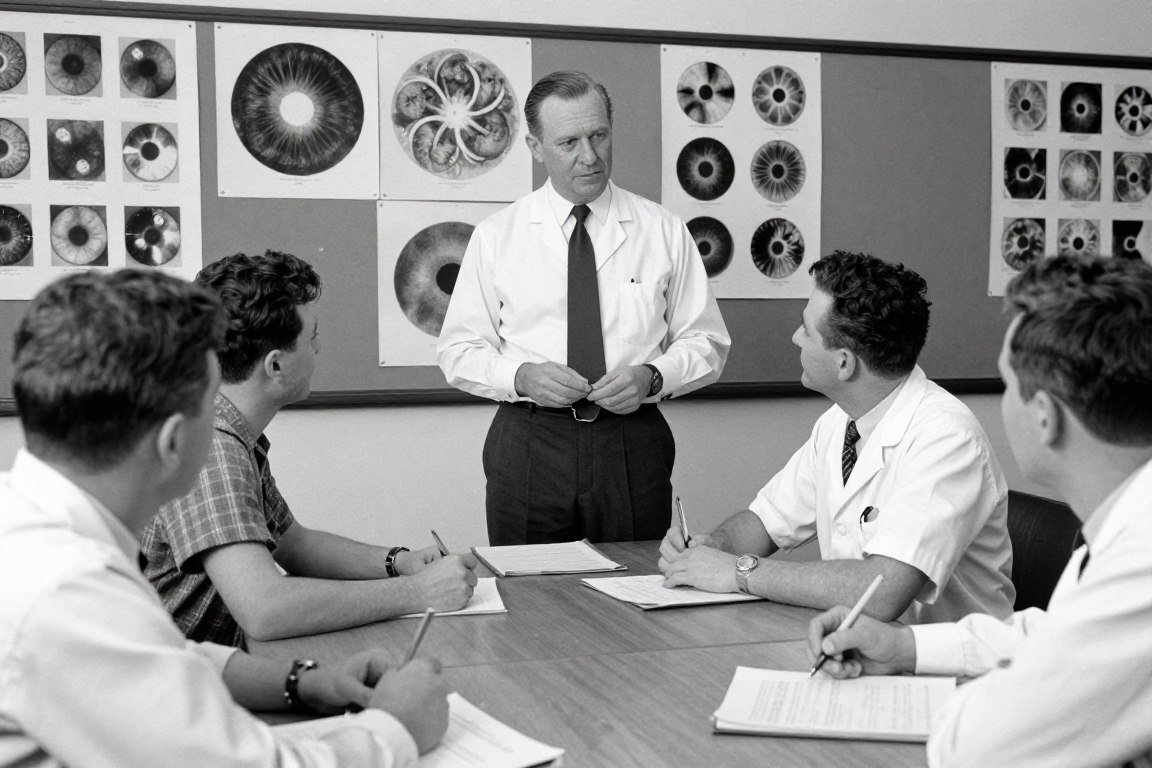foto histórica de bernard jensen enseñando iridología a grupo de estudiantes