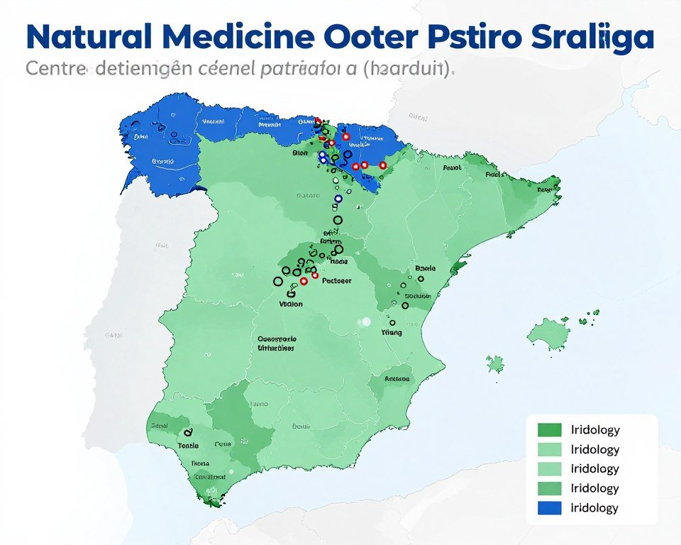 mapa de españa mostrando distribución de profesionales de iridología y centros de medicina natural