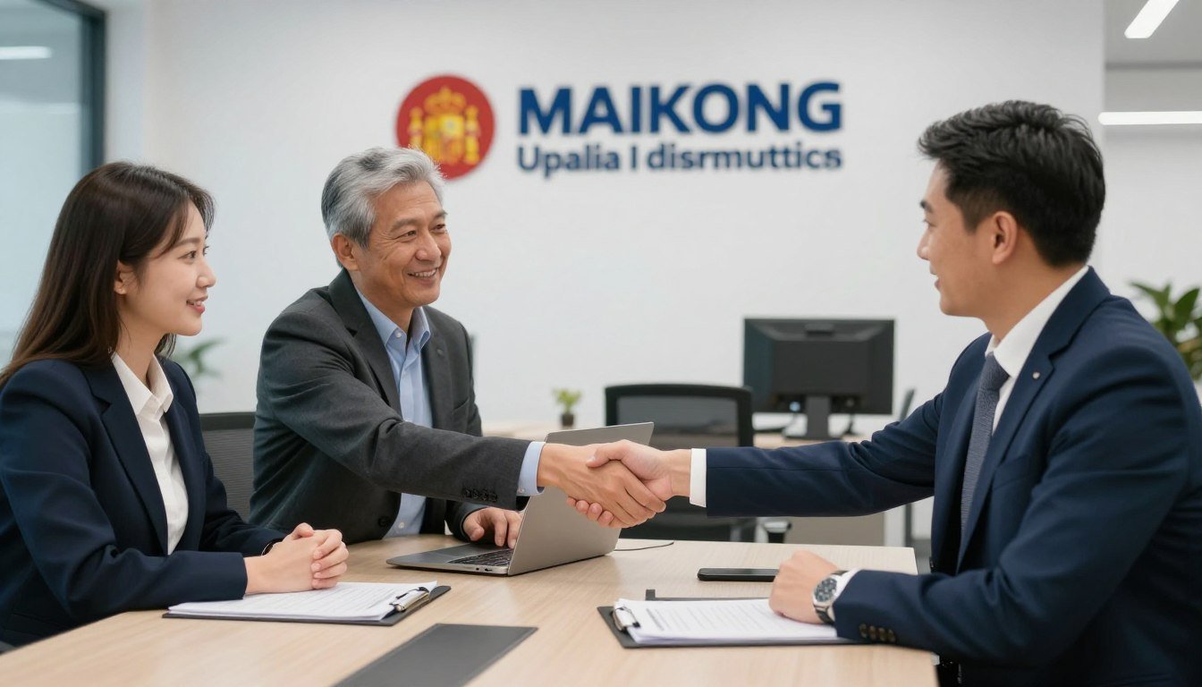 reunión de negocios entre distribuidor y fabricante MAIKONG discutiendo oportunidades de colaboración