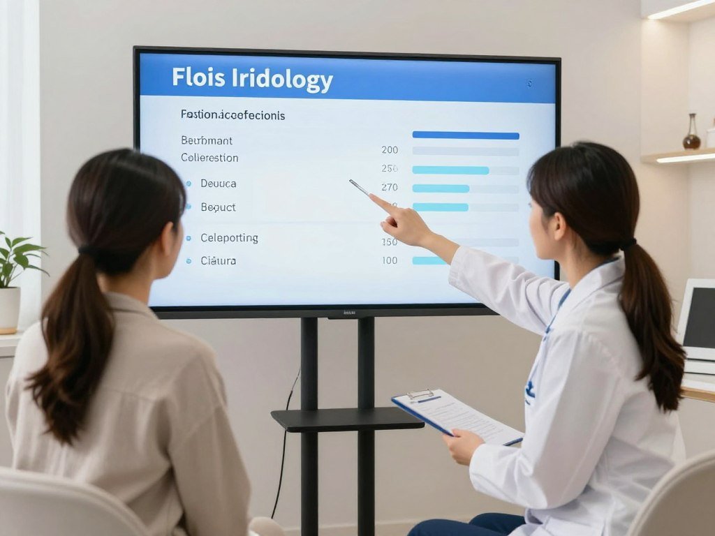 Consulta profesional de iridología mostrando terapeuta explicando resultados de análisis a paciente utilizando pantalla digital