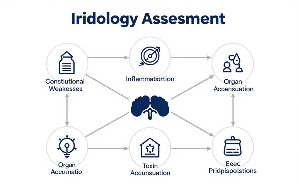 Diagrama conceptual mostrando áreas de evaluación iridológica